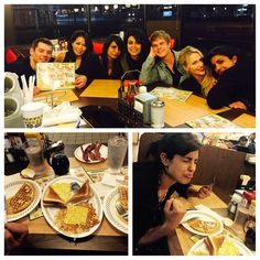 several pictures of people sitting at a table with plates of food in front of them