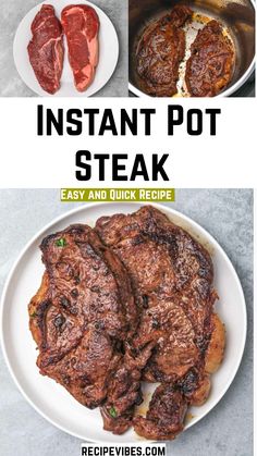 instant pot steak on a white plate with text overlay