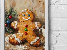 a painting of a gingerbread man next to a christmas tree