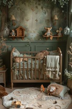 a baby crib with stuffed animals on the wall