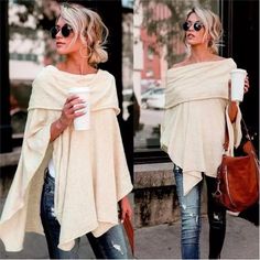 Poncho Women Sweater Pullover Tops Loose Type Fashion Over 60 Aging Gracefully, Fashion Over 60 Aging Gracefully Classy, Fashion Over 60, Bat Sleeve, Loose Pullover, Aging Gracefully, Loose Shirts, Elegant Shirt, Loose Blouse