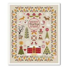 a cross - stitch pattern with christmas decorations and deers on it, in the middle of