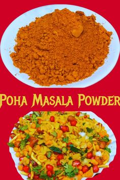 two plates with food on them and the words poha masala powder in different languages