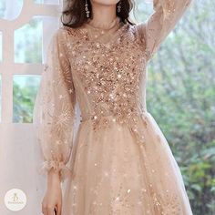 Elegant Sequined Ball Gown For Banquet, Embellished Long Sleeve Ball Gown For Prom, Champagne Long Sleeve Dress For Banquets, Champagne Long Sleeve Dress For Banquet, Long Sleeve Champagne Dress For Banquet, Champagne Long Sleeve Banquet Dress, Holiday Banquet Dress With Sequins, Holiday Banquet Dresses With Sequins, Sequin Dress For Prom Season Banquet