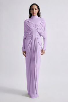 Lilac malai lycra and net draped dress with pleated detailing. - Aza Fashions Draped Dress, Dress For Women, Women Dresses, Dress Pattern, High Collar, Aza Fashion, Full Sleeve, Dresses Maxi, Lilac