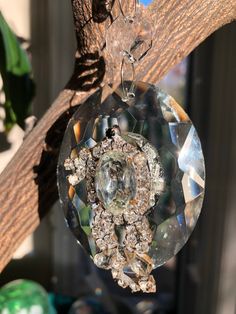 a glass ornament hanging from a tree branch