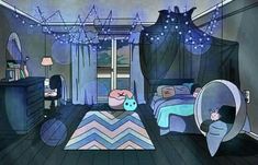 a cartoon bedroom with blue and pink decor