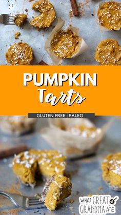 pumpkin tarts on a baking sheet with a fork