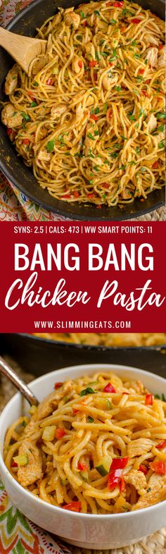 the recipe for bang bang chicken pasta in a skillet