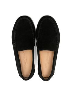 Suede Slip-ons With Leather Sole And Round Toe, Black Flat Heel Loafers With Stitched Sole, Black Loafers With Stitched Sole And Flat Heel, Classic Black Slip-ons With Stitched Sole, Black Calf Leather Slip-ons With Textured Sole, Business Suede Slip-ons With Round Toe, Suede Slip-ons With Rubber Sole, Black Loafers With Rubber Sole And Flat Heel, Black Plain Toe Slip-ons With Stitched Sole