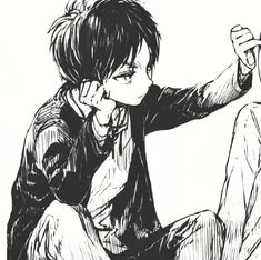 a black and white drawing of a boy sitting on the ground with his hand up to his face