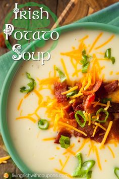 a bowl of potato soup topped with bacon and cheese