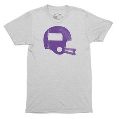 a gray t - shirt with a purple helmet on it