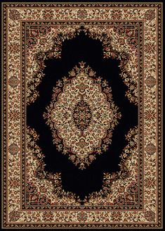 a black and beige rug with an ornate design