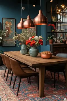 a dining room table with vases and flowers on the top, surrounded by hanging lights