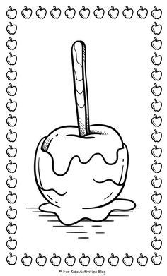 an apple with a straw in the middle and apples around it, coloring pages for kids