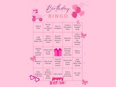 a pink birthday party game with balloons and presents on the board, which says happy birthday bingo