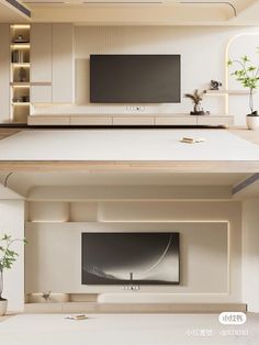 this is an image of a living room with white furniture and large tv on the wall