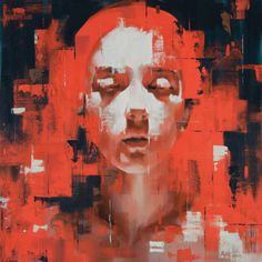 an abstract painting of a woman's face with red and black squares around her