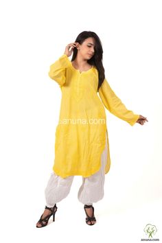 Highlights 100% Handcrafted Product Color: Yellow Kurti Fabric: cotton Neck: Round Neck Sleeve Length: Full Sleeves Package Contains: 1 Chikan Embroidered Kurta with Afghani Salwar Care Instructions: Regular Machine Wash, Do not bleach, Gentle Machine Wash Description The Chikankari Kurta Set, a beautiful trendy Kurta Afghani Salwar set, is The perfect Ethnic wear for your near dear one's wedding function or maybe on any ethnic day. You will get the full set, Kurta Afghani Salwar set. beautifully Handcrafted Lucknowi Chikankari embellishment. Afghani Salwar, Chikankari Kurta Set, Traditional Kurta, Yellow Kurti, Chikankari Kurta, Lucknowi Chikankari, Sleeve Packaging, Wedding Function, Kurta Set