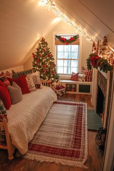 a bedroom decorated for christmas with lights on the ceiling and a bed in the corner