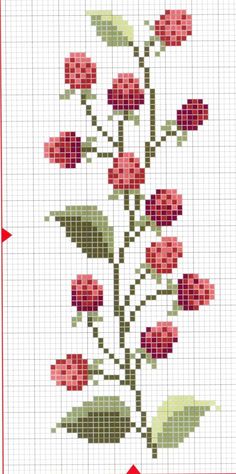 a cross stitch pattern with red flowers and green leaves