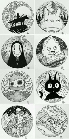 four different images of cartoon characters in black and white, each with an image of a cat