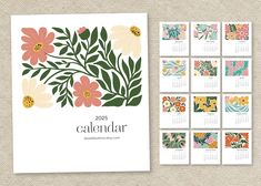 a calendar with colorful flowers and leaves on it, next to a card that says calenda