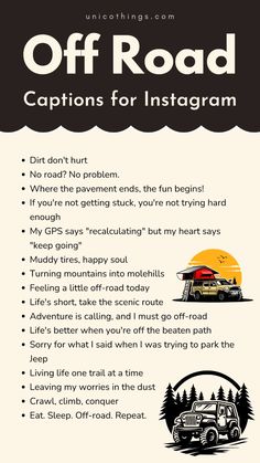 an info sheet with the words off road captions for instagrams on it