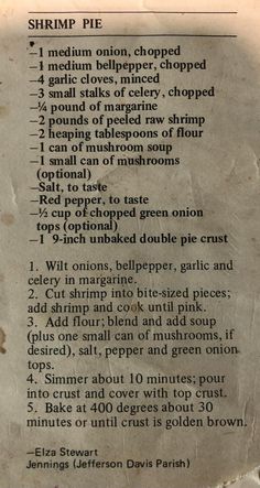 a recipe for shrimp pie with instructions on it