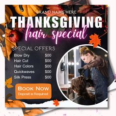 a flyer for a hair salon with an image of a woman getting her hair cut