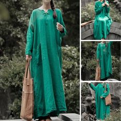 Green Linen Dress For Fall, Bohemian Green Linen Dress, Green Bohemian Linen Dress, Casual Green Ramie Dress, Green Lagenlook Dress For Fall, Oversized Green Tunic Dress, Oversized Long Green Dress, Lagenlook Long Green Dress, Green Loose Fit Long Maxi Dress