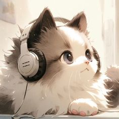 a cat wearing headphones laying on top of a window sill