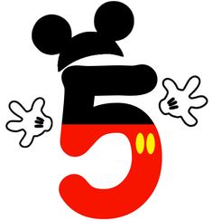 the number five with mickey mouse's head and ears on it, in black and red