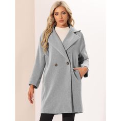 This winter coat features a notch lapel collar and double-breasted details, exuding elegance. Pair it with high heels and a stylish bag for a fashionable look in the winter. Perfect for cool weather, shopping, work, office, outdoor activities, casual outings, and weekends. Machine wash with like colors for easy care. Double-breasted Wool Coat With Pockets, Elegant Double-breasted Solid Pea Coat, Trendy Double-breasted Pea Coat With Pockets, Trendy Long Pea Coat With Double Buttons, Trendy Long Pea Coat With Double Button Closure, Chic Solid Color Wool Coat For Office, Double-breasted Solid Pea Coat For Office, Chic Solid Pea Coat With Lapel Collar, Trendy Double-breasted Wool Coat For Work