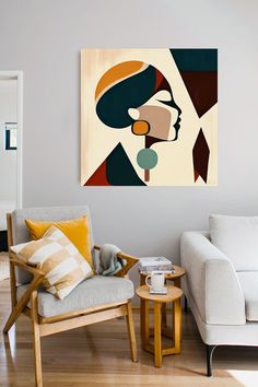 a living room filled with furniture and a painting on the wall above it's head