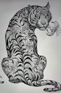 a drawing of a tiger sitting on its hind legs and holding a flower in it's mouth