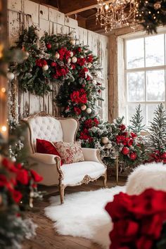 a living room decorated for christmas with red and white decorations