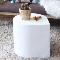 a small cactus sitting on top of a white table in front of a couch with pillows