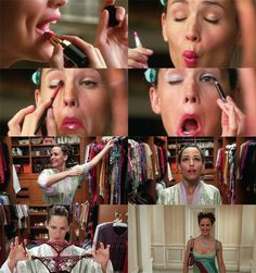 a collage of photos showing various women doing different things with their mouths and hands