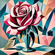 a painting of a pink rose in a vase on top of a blue and red background