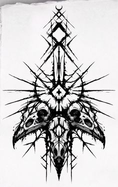 a black and white drawing of a skull with spikes on it's head in the shape of a star