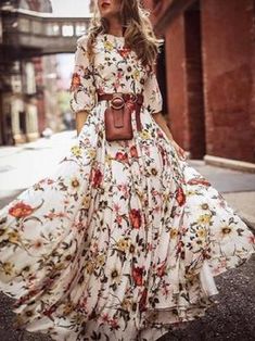 Women's Dresses Boho Print Mid-Sleeve Maxi Dress - LuckyFash™ Couture Dior, Print Chiffon Maxi Dress, Printed Long Skirt, Fest Outfits, Maxi Dress Outfit, Mode Boho, Chiffon Fashion, Skirt Maxi, Half Sleeve Dresses