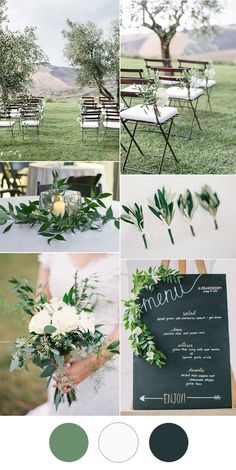 the wedding color scheme is green, white and black with greenery on it's back