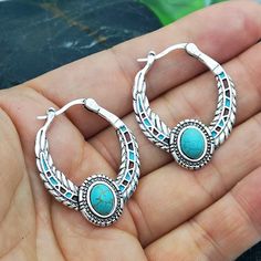 Turquoise Metal Hoop Earrings, Turquoise Dangle Hoop Earrings, Turquoise Metal Round Hoop Earrings, Turquoise Stone Jewelry, Natural Turquoise Stone, Southwest Jewelry, Fashion Boho, Statement Earring, Antique Earrings