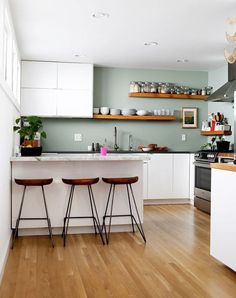 two stools are in front of the kitchen island