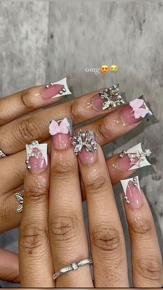 Silver Nails With Charms, Pink Junk Nails, Form Nails, 23 Nails, Customized Nails, Nails Board, Nails Neon, Acrylic Toe Nails