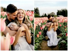 a man and woman are hugging in a field of tulips with one holding the other