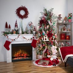 a living room with a christmas tree and fireplace