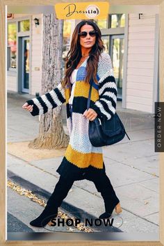 Contrast Color Loose Cardigan Sweater Multicolor V-neck Outerwear For Fall, Yellow Long Cardigan For Fall, Long Yellow Fall Cardigan, Yellow Long Sleeve Cardigan For Fall, Yellow Winter Outerwear For Layering, Yellow Open Front Cardigan For Fall, Yellow V-neck Outerwear For Winter, Yellow V-neck Winter Outerwear, Yellow Cardigan For Fall Layering